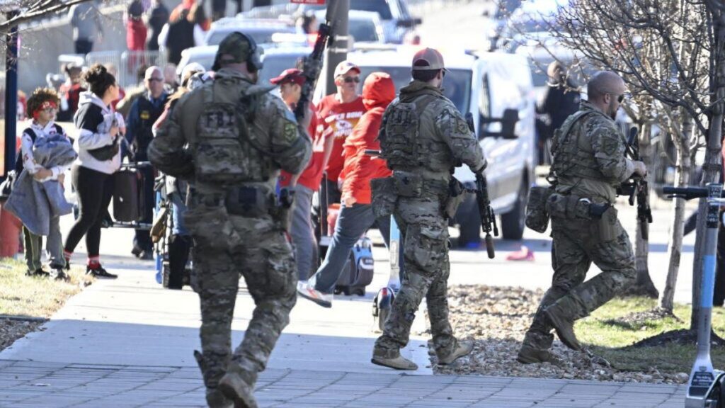 Police respond to an active shooter after shots were fired near the Kansas City Chiefs' Super Bowl LVIII victory parade on February 14, 2024, in Kansas City, Missouri. Multiple people were injured after gunfire erupted at the Kansas City Chiefs Super Bowl victory rally on Wednesday, local police said. Kansas City Police said in a tweet "multiple people" were struck after shots rang out near Union Station, where just moments earlier Chiefs players had addressed fans.